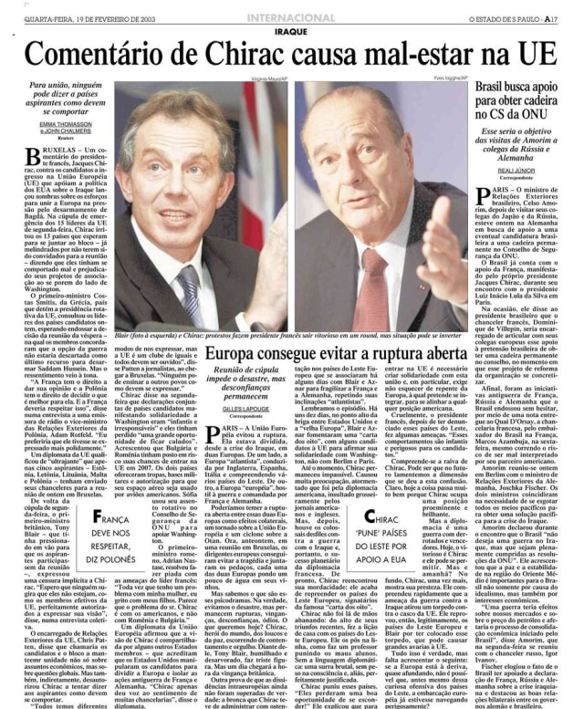 Acervo Estadão Jacques Chirac na edição de 19/2/2003.