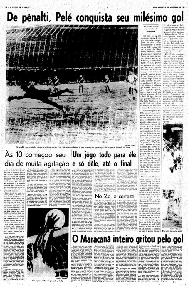 Acervo Estadão Página do Estadão sobre o milésimo gol de Pelé.