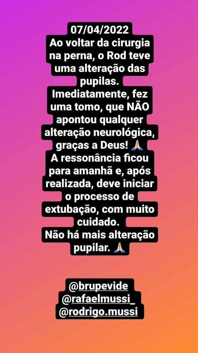 Instagram/Stories/@diogomussi1 Nos Stories, Diogo Mussi fala sobre tomografia realizada e informa que Rodrigo Mussi fará ressonância na sexta, 8.