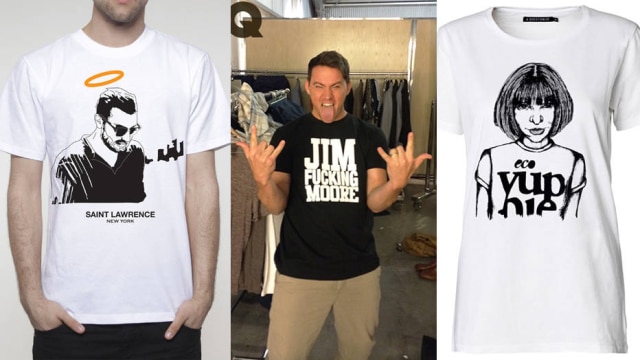 New York Times Da esq. para a dir., sátira de Lawrence Schlossman, editor-chefe da Four Pins, Jim Moore, diretor criativo da GQ, é homenageado em camiseta usada por Channing Tatum e t-shirt com estampa de Anna Wintour