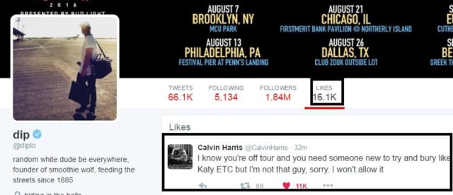 Reprodução/Twitter Diplo, que já se envolveu em várias polêmicas com Taylor, favoritou os tuítes indiretas de Calvin.
