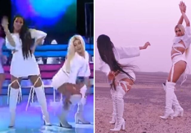 Reprodução de 'A Tua Cara não me é Estranha' (2018) / TVI | Reprodução de cena de 'Sua Cara' (2017) / Major Lazer Sofia Ribeiro e Eric usaram figurino semelhante ao de Anitta e Pabllo Vittar