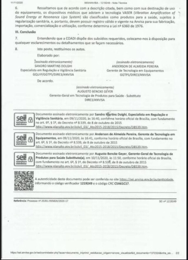 Reprodução A Anvisa enviou uma Nota Técnica à SBCP no dia 11 de novembro