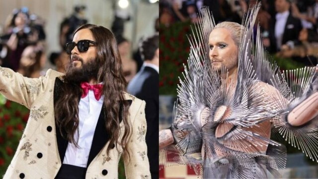 Jamie McCarthy/AFP e Andrew Kelly/Reuters O artista Jared Leto e o empresário Fredrik Robertsson no tapete vermelho do Met Gala 2022.