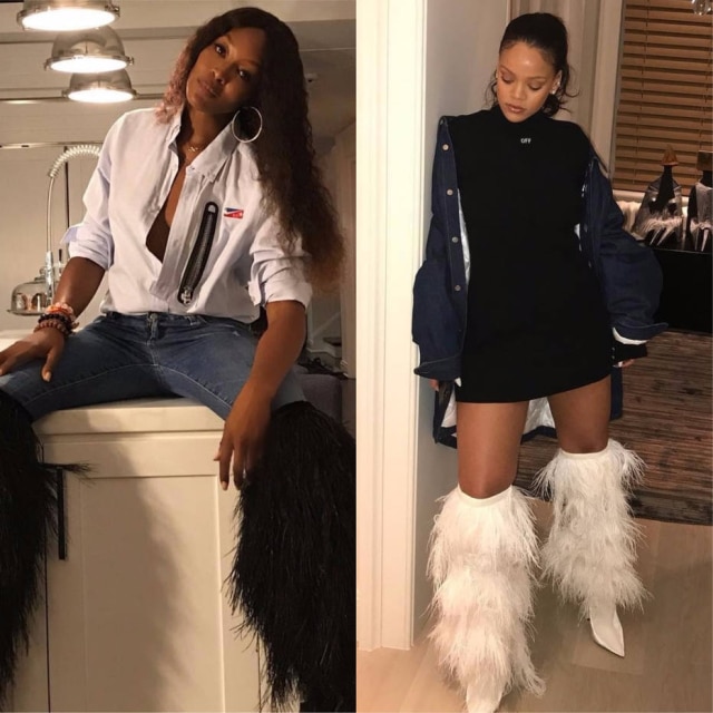 Instagram Dois estilos com a mesma peça: Rihanna apostou em uma produção com vestido curto, enquanto Naomi usou a bota em um visual mais clássico