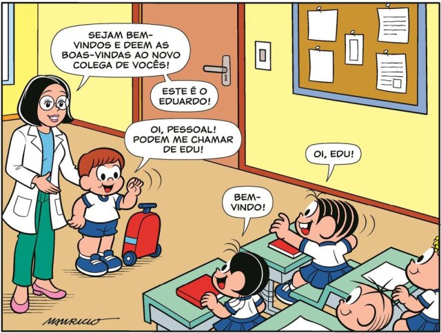 Mauricio de Sousa Produções/Divulgação Edu, que tem distrofia muscular de Duchenne, é recebido pela 'Turma da Mônica' em primeira história.