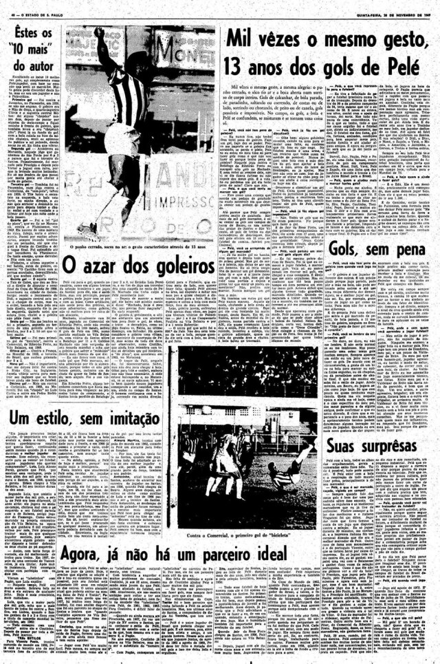 Acervo Estadão Página do Estadão sobre o milésimo gol de Pelé.