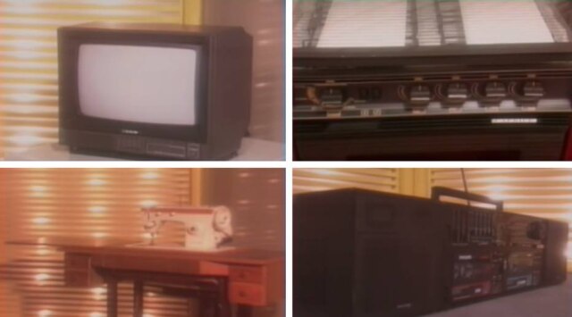 Reprodução de 'Domingão do Faustão' (1989) / Globo Televisor a cores, videocassete, máquina de costura e aparelho de som: os modernos prêmios do 'Domingão do Faustão' de 1989.