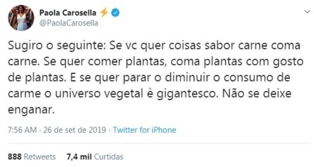 Paola Carosella faz críticas ao hambúrguer vegetal no Twitter.