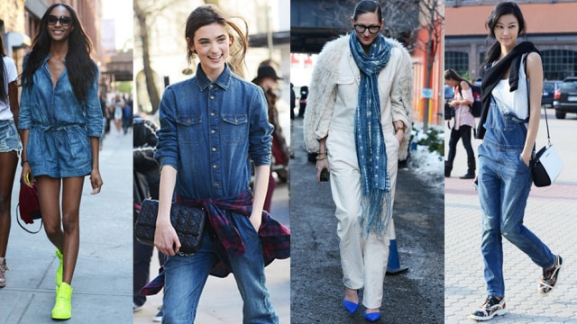 Reprodução Tommy Ton/Style.com A jardineira jeans agora ganha ares mais sérios na companhia de camisas masculinas, por baixo, e casacos alongados por cima