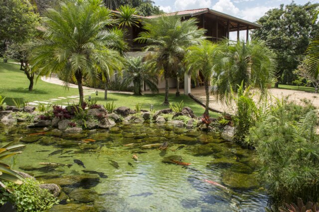 Zeca Wittner/Estadão A piscina natural, projetada por Ricardo Caporossi, é a que mais coloca o homem em contato com a natureza. Todo o material usado vem da região de Jaguariúna, onde o projeto foi feito, em respeito ao ecossistema local.