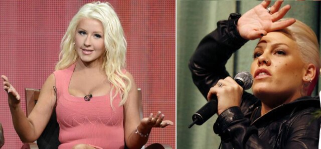 Phil McCarten / Reuters | Mike Cassese / Reuters Pink afirma que seu desentendimento com Aguilera ficou no passado