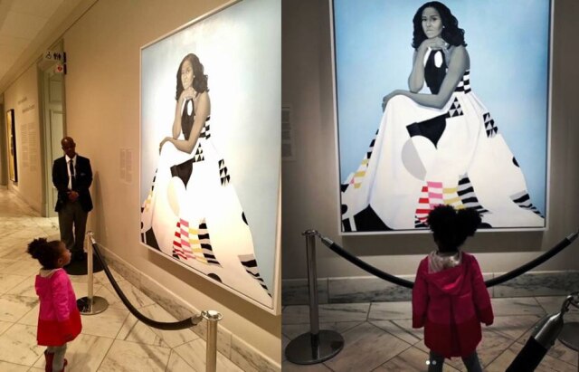 Facebook/bachines | Instagram/@asherald Parker Curry tem dois anos de idade e não conseguiu tirar os olhos do retrato de Michelle Obama