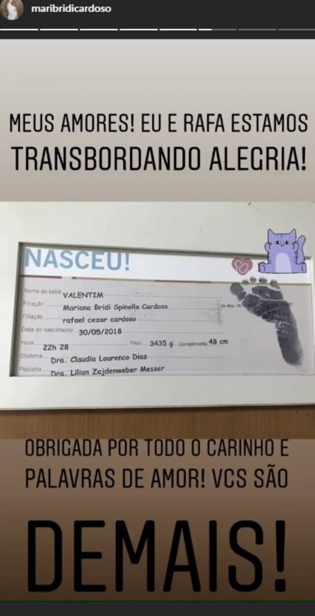 Instagram / @maribridicardoso Mariana Bridi anuncia nascimento de seu segundo filho, Valentim.