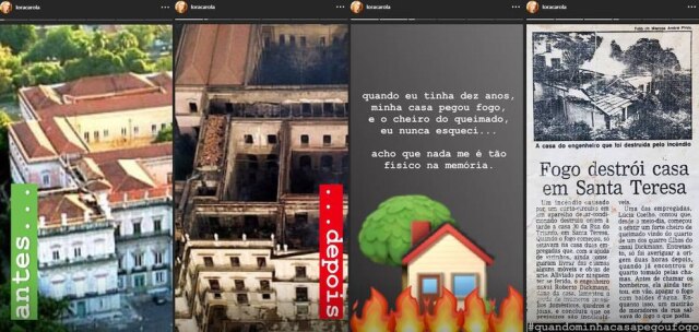 Instagram / @loracarola Stories publicados por Carolina Dieckmann relembrando incêndio em sua casa.