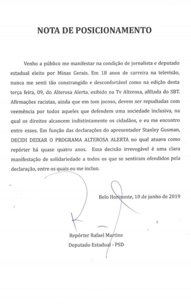 Facebook / @rafaelmartinstv Comunicado divulgado por Rafael Martins, ex-repórter do 'Alterosa Alerta', em 10 de julho de 2019.
