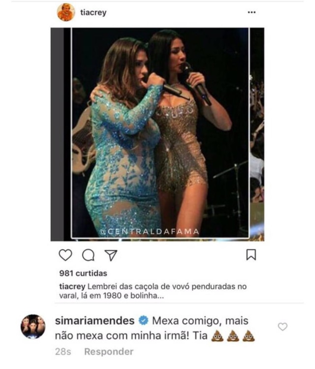 Print publicado por www.instagram.com/centraldafama/ Perfil fez críticas a Simone, mas Simaria resolveu defender a irmã.