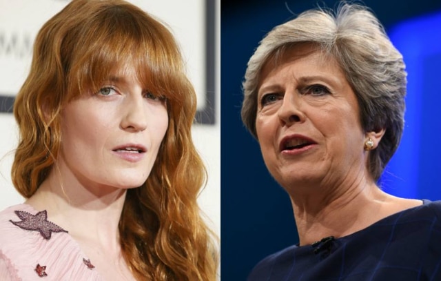REUTERS/Danny Moloshok | AFP PHOTO/Oli Scarff Florence Welch criticou partido de Theresa May por usar música em evento sem pedir autorização.