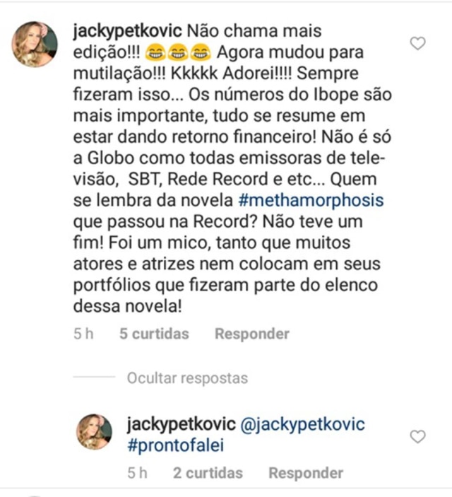 Reprodução / Instagram Comentário feito por Jackeline Petkovic