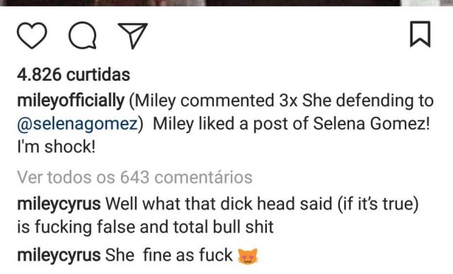 Instagram/@mileyofficially Comentários de Miley Cyrus defendendo Selena Gomez.