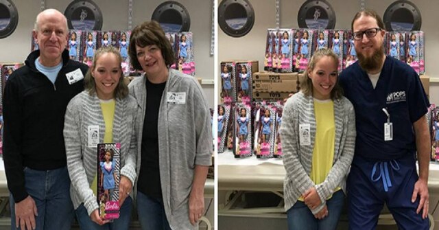 Shriners Hospitals for Children Chloe Newman presenteou pacientes do hospital que a tratou com barbies com prótese de perna.