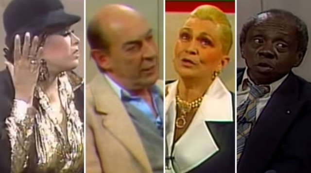 Reprodução de 'Roda Viva' (1987) / TV Cultura Dercy Gonçalves, Raul Cortez, Hebe Camargo e Grande Otelo no 'Roda Viva'