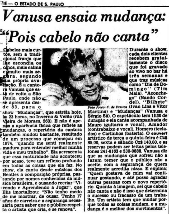 Acervo Estadão "Cabelo não canta": Vanusa em 1986