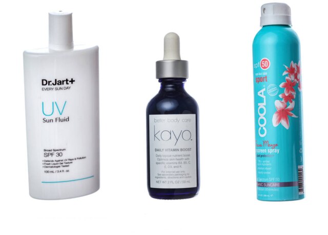 Divulgação Da esquerda para a direita: Dr. Jart-Plus Every Sun Day Sun Fluid; Kayo Daily Vitamin Boost; Coola Sport SPF 50 Sunscreen Spray
