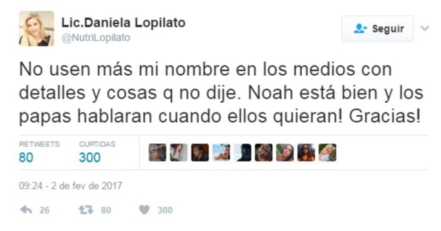 Reprodução/Twitter Tweet da tia de Noah e cunhada de Michael Bublé, a nutricionista Daniela Lopilato.