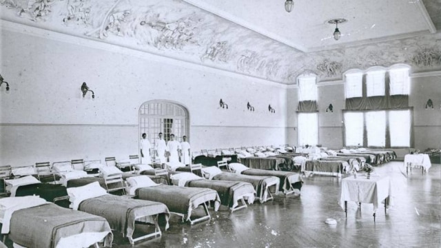 Reprodução O "Club Athletico Paulistano" adaptou instalações para comportar leitos para os doentes da gripe espanhola, São Paulo, SP, 1918.
