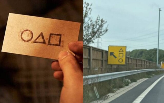 Netflix/ Twitter/ @tvprp Cartão da série 'Round 6' e placa em estrada da Inglaterra