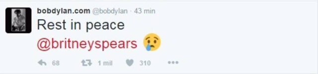 Reprodução/Twitter Bob Dylan acreditou na notícia e desejou: 'Desncanse em paz, Britney'.