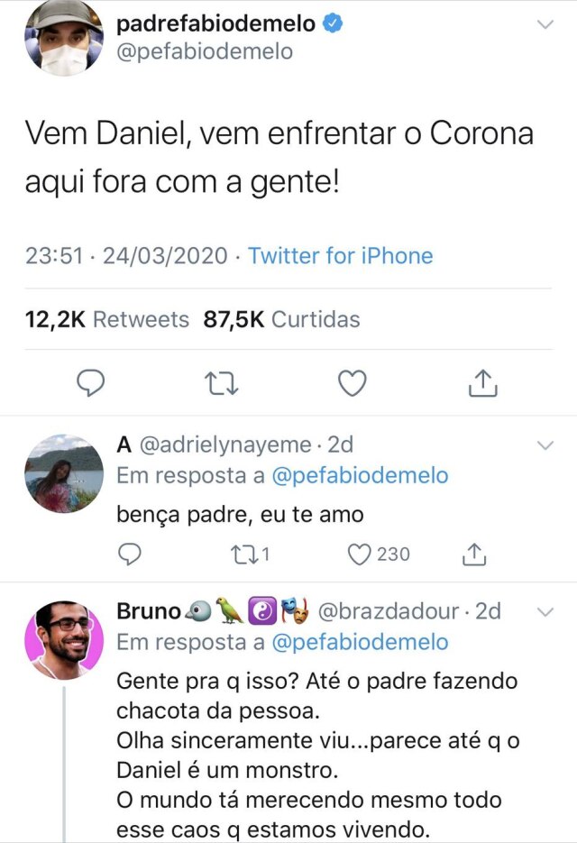 Twitter/pefabiodemelo Em quarentena, padre Fábio de Melo comenta saída de Daniel do 'BBB 20' no Twitter.