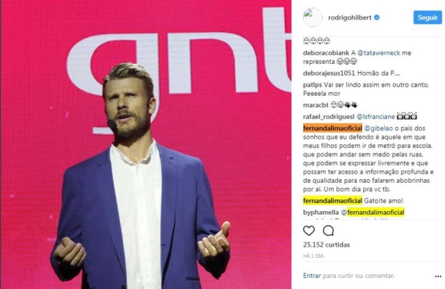 Instagram/ @rodrigohilbert Resposta de Fernanda Lima a um comentário no Instagram de seu marido Rodrigo Hilbert