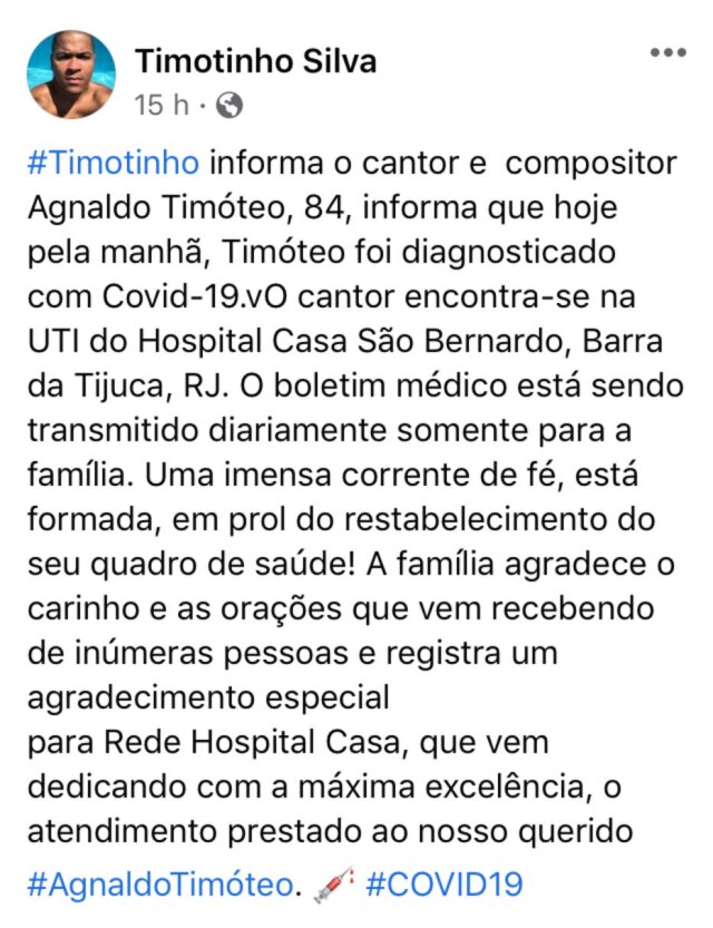 Timotinho Silva postou informando que o tio, Agnaldo Timóteo, está com covid-19