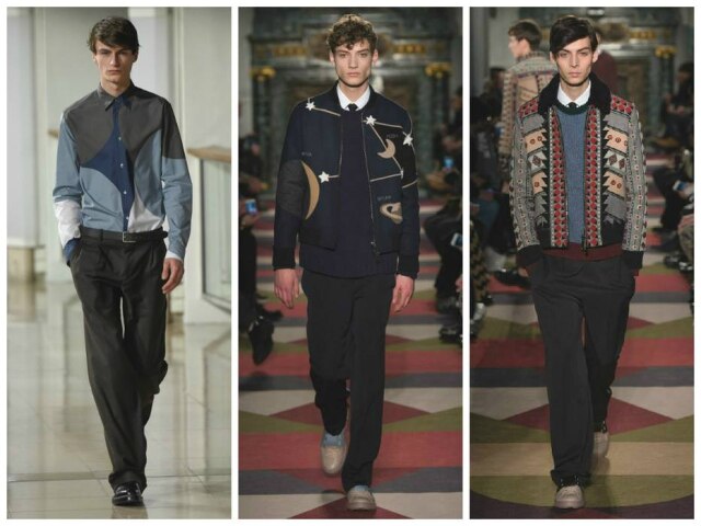 divulgação Desenho geométrico na coleção da Hermès e dois exemplos da estampa colorida e discreta proposta pela grife Valentino: quem não arrisca...