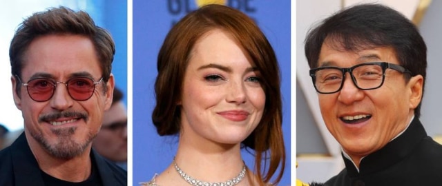 Mario Anzuoni / Reuters | Mario Anzuoni / Reuters | Mike Blake / Reuters Robert Downey Jr., Emma Stone e Jackie Chan