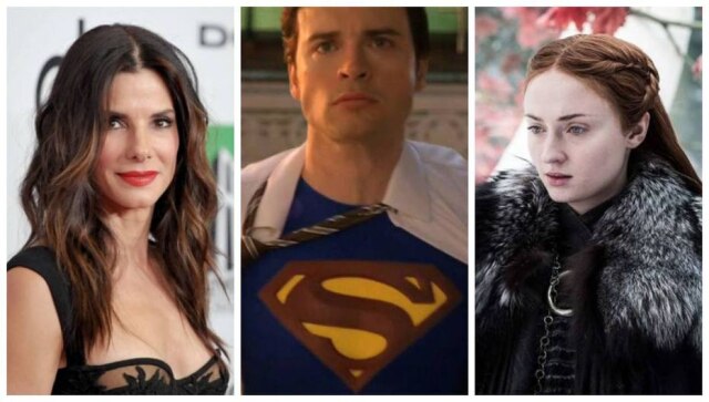 John Shearer/AP/Reprodução de 'Smallville' (2001) / Warner Bros. Television/Helen Sloan/HBO Os atores Sandra Bullock, Tom Welling e Sophie Turner.