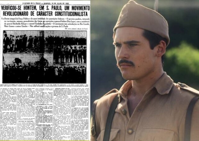 Reprodução/Globo Imagem da novela 'Éramos Seis' e notícia do Estadão falando sobre a Revolução Constitucionalista de 1932. Foto: Reprodução/Globo