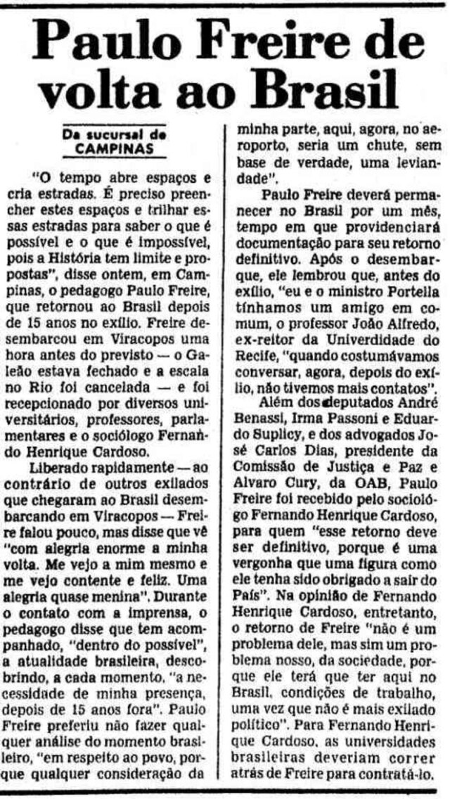 Acervo Estadão A volta de Paulo Freire ao Brasil no Estadão de 8/8/1979.