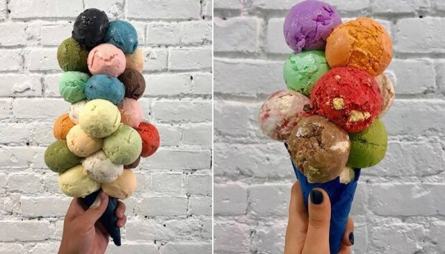 Instagram/@stuffedicecreamnyc Sorveteria de Nova York criou 'buquê' de sorvete, e já chegou a empilhar 21 bolas em uma casquinha.