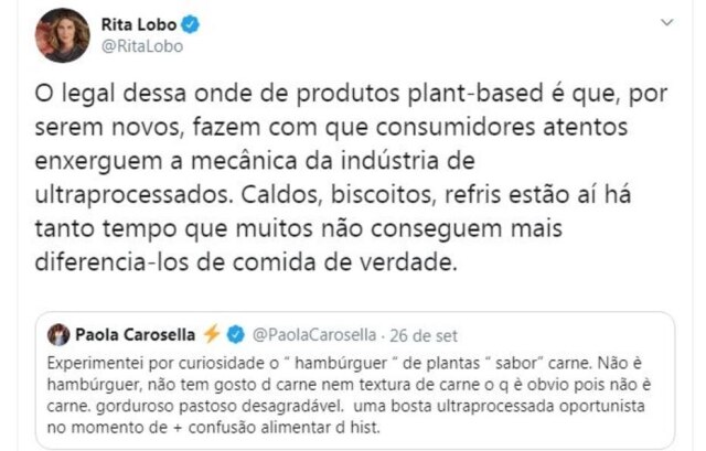 Twitter/@RitaLobo Comentário de Rita Lobo sobre posicionamento de Paola Carosella a respeito do hambúrguer vegetal.