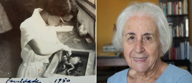 Neuza Guerreiro de Carvalho Neuza (à esquerda) com 20 anos, em 1950, durante experimento no curso de História Natural da USP; à direita, 70 anos depois com o mesmo ímpeto pelos estudos