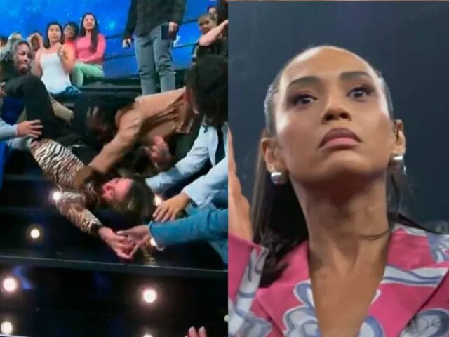 TV Globo Durante o 'Domingão com Huck', dublê que estava na plateia simulou uma queda da escada e assustou a atriz Taís Araújo.