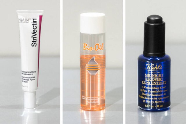Alexi Hobbs /The New York Times Da esquerda para direita: creme para olheiras StriVectin, Bio-Oil e óleo facil Kiehl's