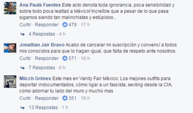 Reprodução/Facebook 'Esse mês na Vanity Fair: os melhores looks para deportar os que não têm documentação, como se relacionar com um fascista, como decorar seu lado do muro e muito mais', diz um dos comentários.