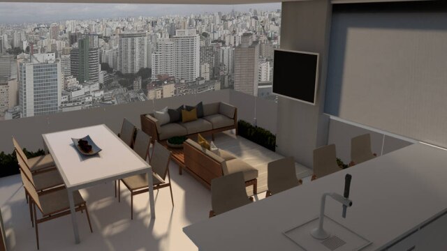 Carmen Mouro/Arquitetura de Exteriores e Paisagismo A varanda e seus três setores: refeições, bar e estar. A televisão pode ser visualizada de qualquer um deles