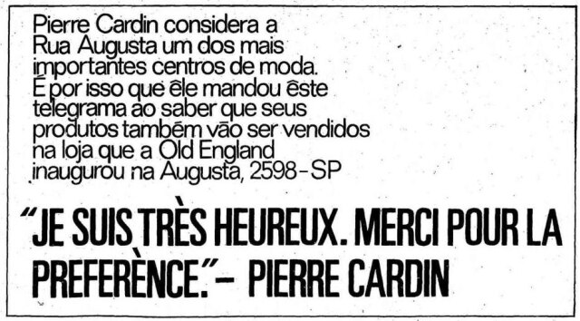 Acervo Estadão Anúncio de coleção de Pierre Cardin na loja Old England na Rua Augusta, 3/11/1968
