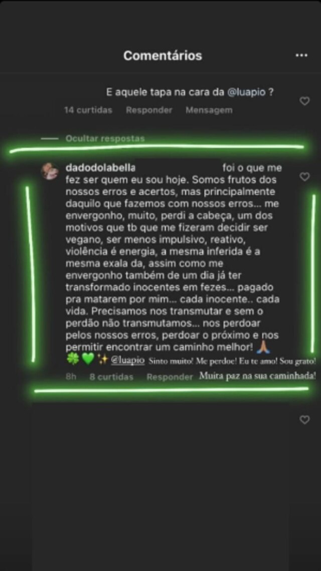 Instagram/@dadodolabella Dado Dolabella responde internauta e pede desculpas por agressão contra Luana Piovani