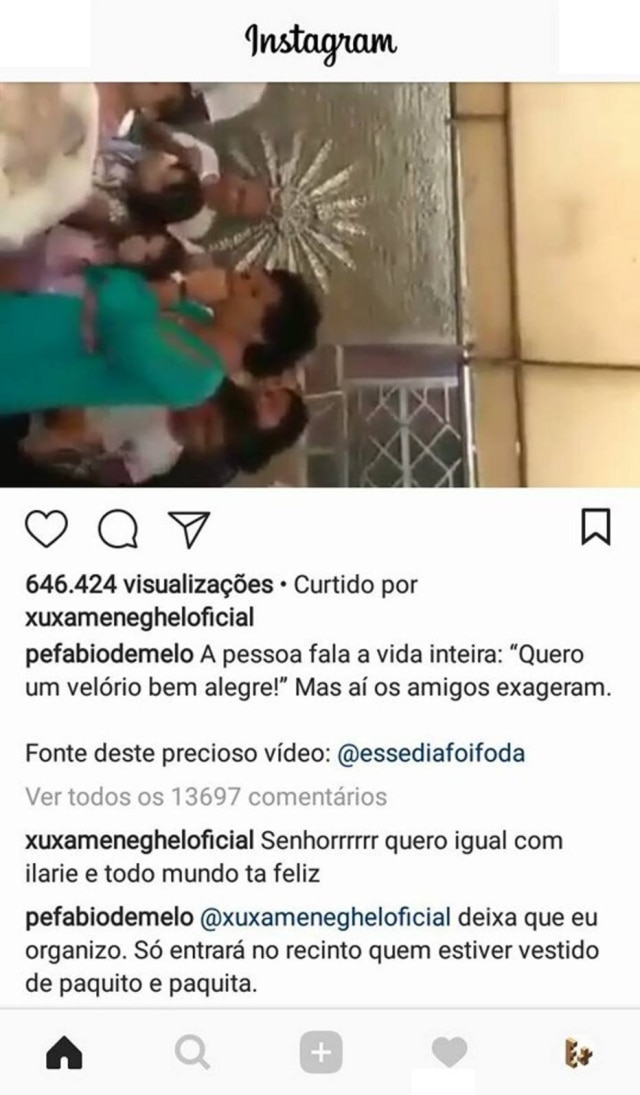 Reprodução / Instagram 'Print' de brincadeira entre Xuxa e Fábio de Melo no Instagram.